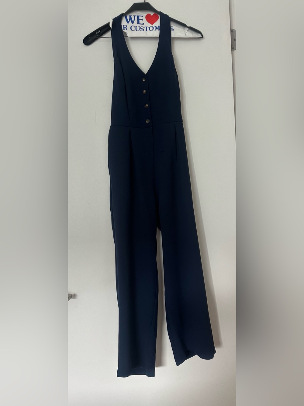 Navy Halter Wide-Leg Jumpsuit with Button Front - Picture 4 of 7